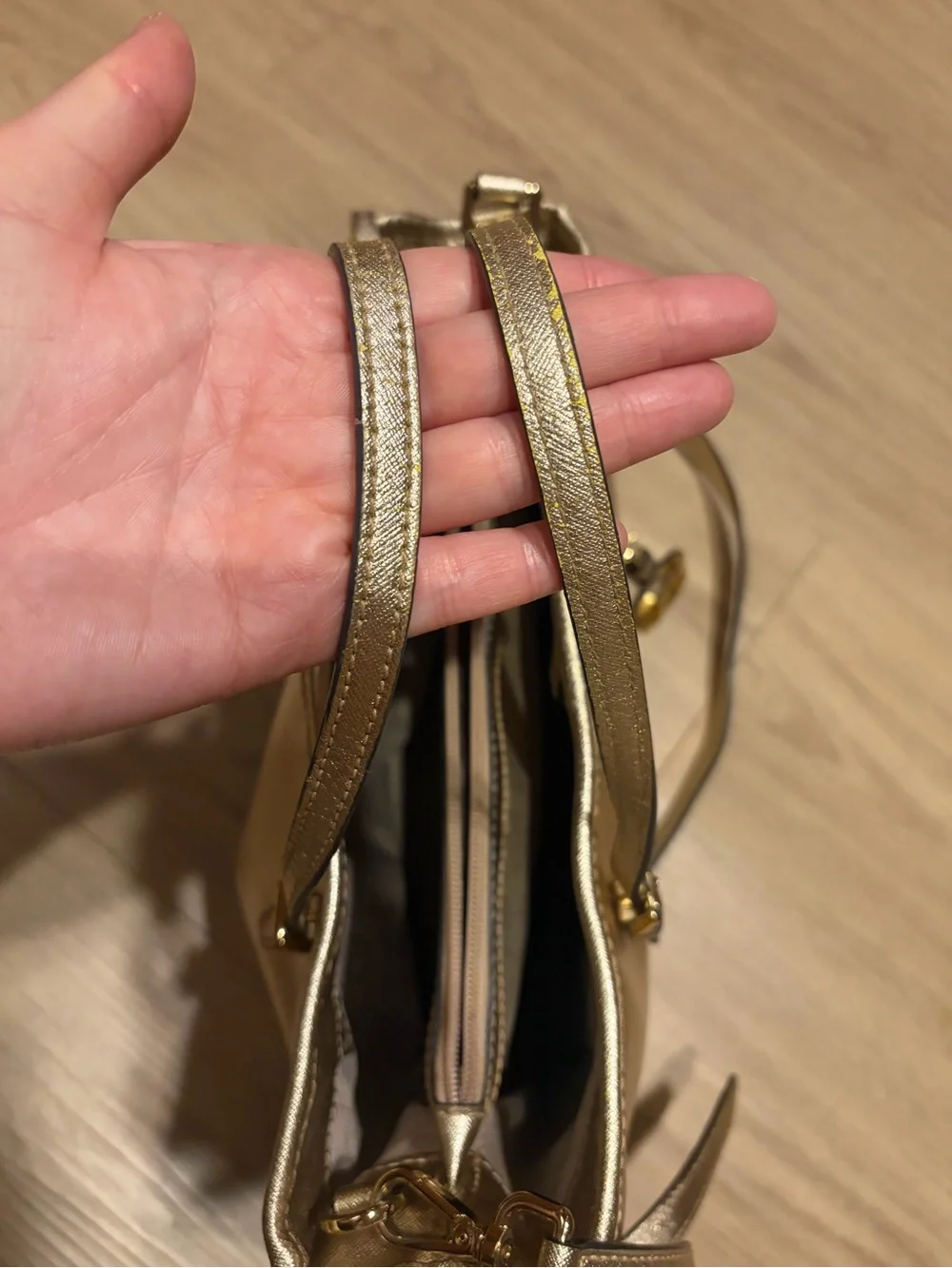Authentic Michael Kors Metallic Gold Saffiano Tote with Logo Charm